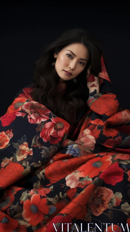 Elegant Asian Woman in Luxurious Black Floral Dress AI Image