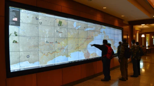 Engaging Interactive Technology: Group of People Exploring World Map on Touch Screen Display