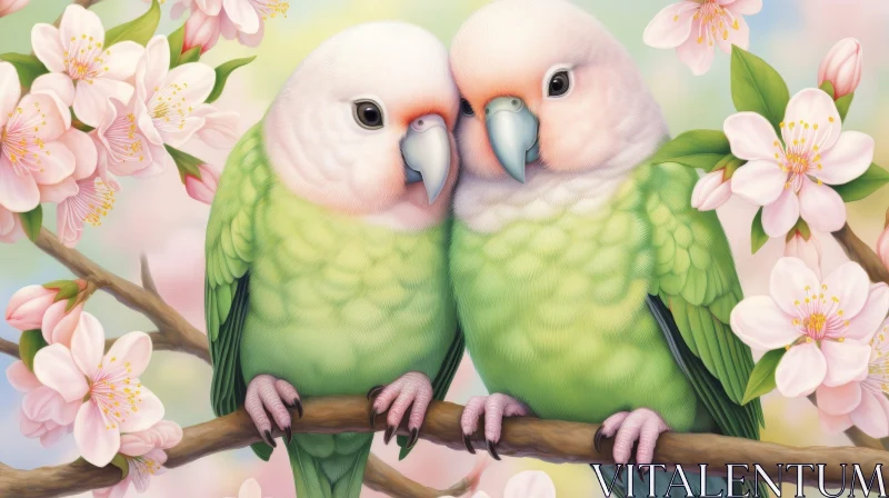 Parrots on Branch with Pink Flowers AI Image