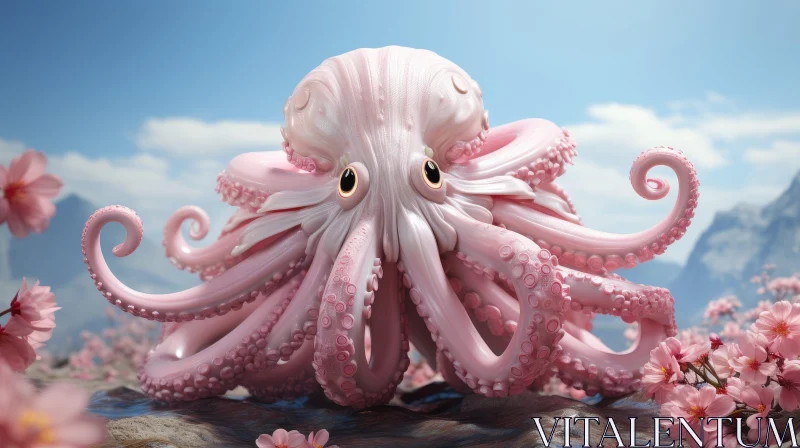 AI ART Pink Octopus in Field of Flowers