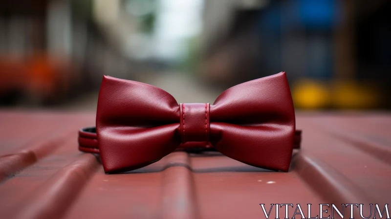 Red Leatherette Bow Tie on Urban Metal Surface AI Image