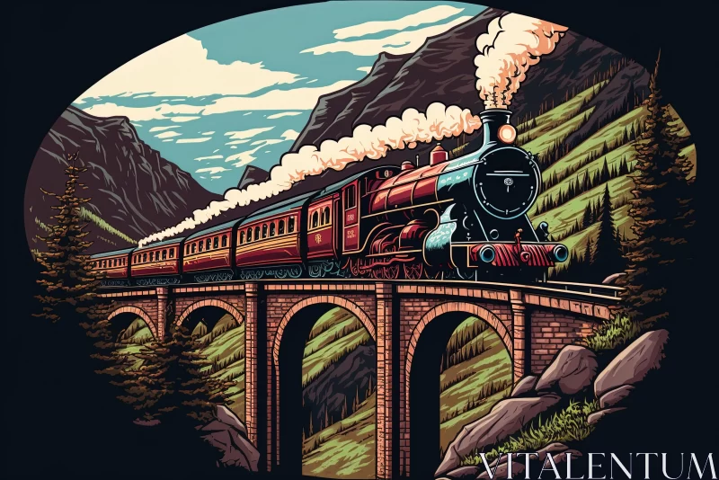 Steam Train Crossing a Bridge in Vintage Comic Style AI Image
