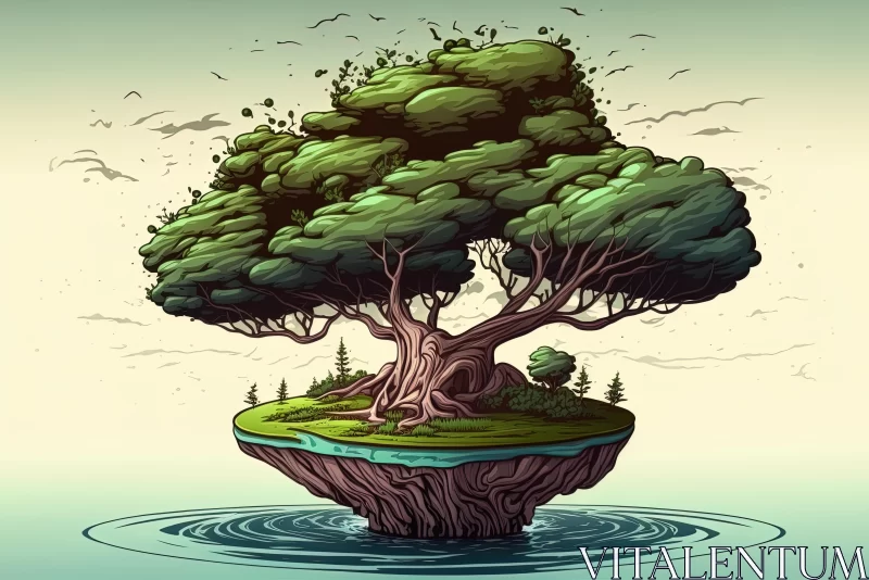 Surrealistic Cartoon Tree on Island - Hyper-Detailed Illustration AI Image