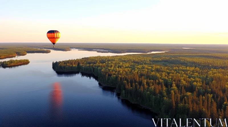 Tranquil Hot Air Balloon Flight Over Lake and Forest AI Image