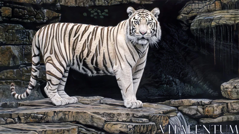 AI ART White Tiger Painting in Cave with Waterfall