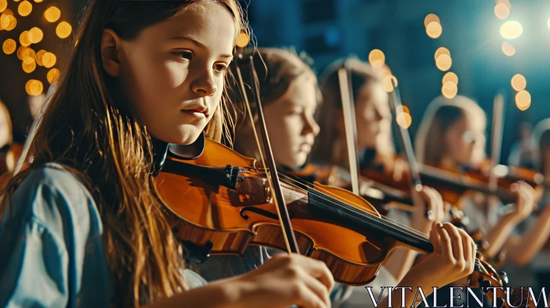Young Girl Playing Violin in Orchestra - Beautiful and Elegant Image AI Image