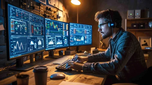 Young Male Stock Trader at Computer Desk | Night | Stock Market Data
