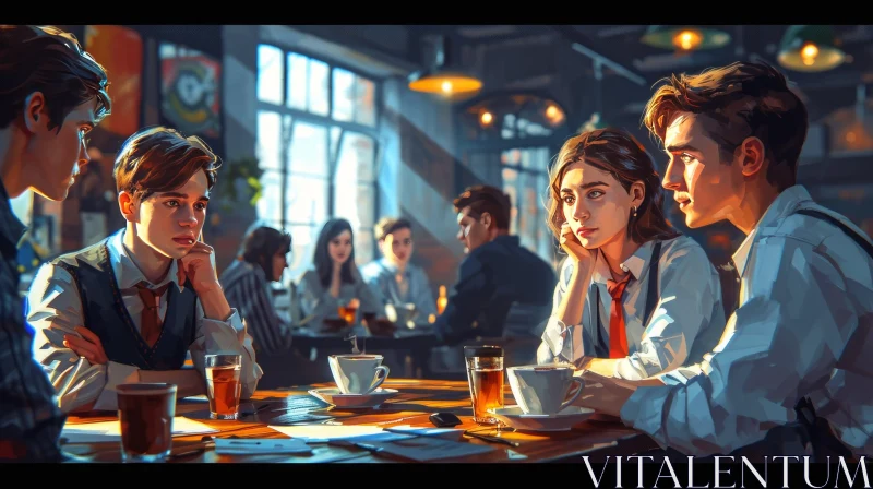 A Cozy Cafe Gathering: Young People Enjoying Conversations and Tea AI Image