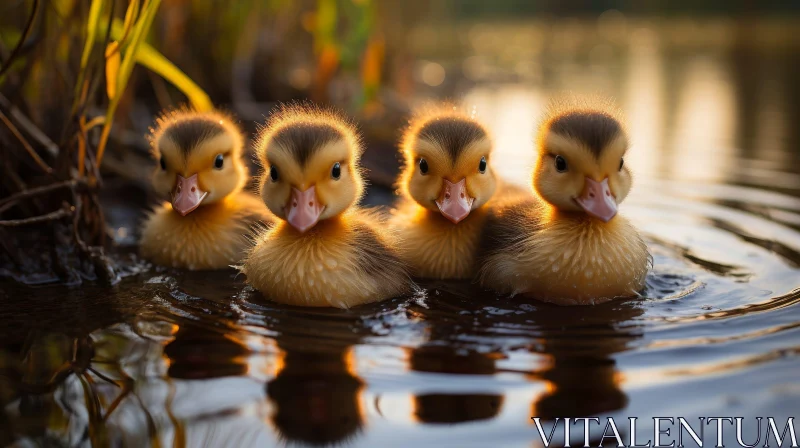 Adorable Ducklings in Sunny Pond AI Image