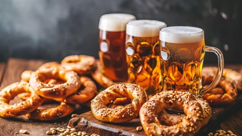 Beer and Pretzels on Wooden Table