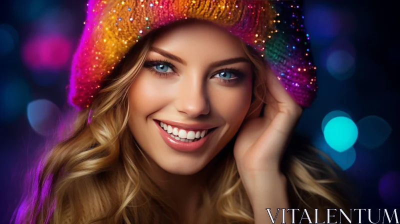 Blonde Woman in Colorful Knitted Hat - Close-up Portrait AI Image