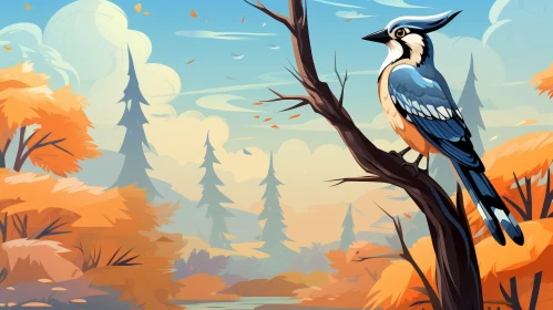 Blue Jay in Autumn Forest Cartoon Illustration