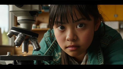 Captivating Artwork: Young Girl Examining Microscope Slide