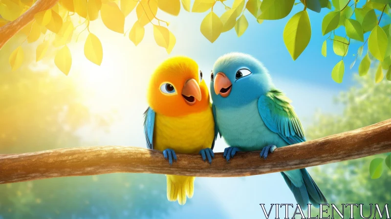 Charming Cartoon Parrots on Tree Branch AI Image