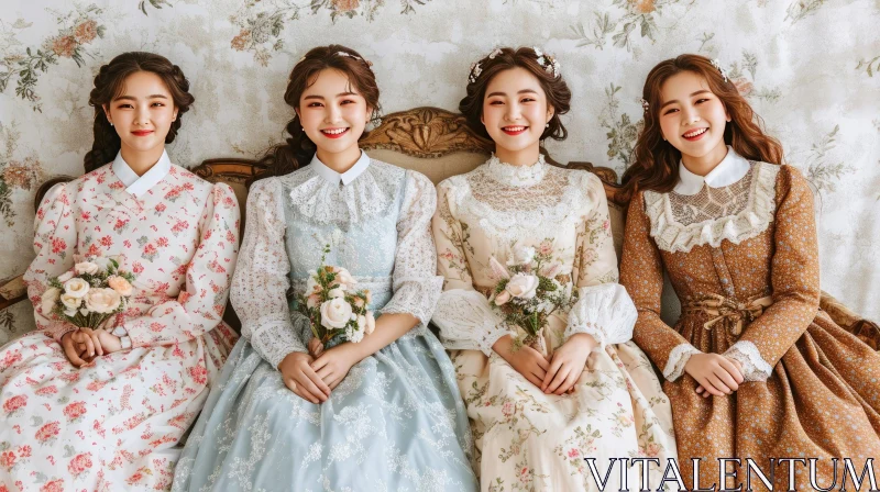 AI ART Charming Vintage Scene: Four Women in Dresses Holding Flowers