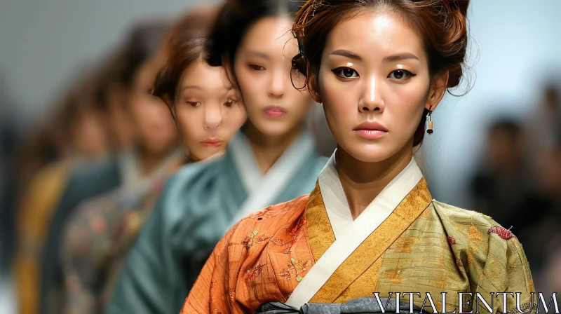 Elegant Asian Woman in Traditional Korean Hanbok Dress