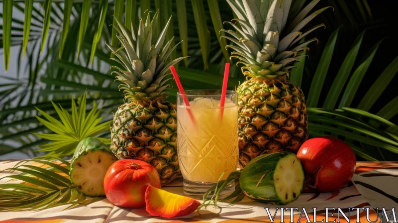 Glass of Pineapple Juice with Tropical Fruits AI Image