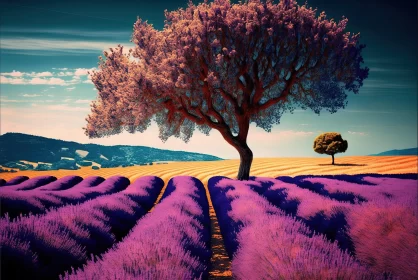 Golden Tree in Lavender Fields: A Captivating Nature Landscape