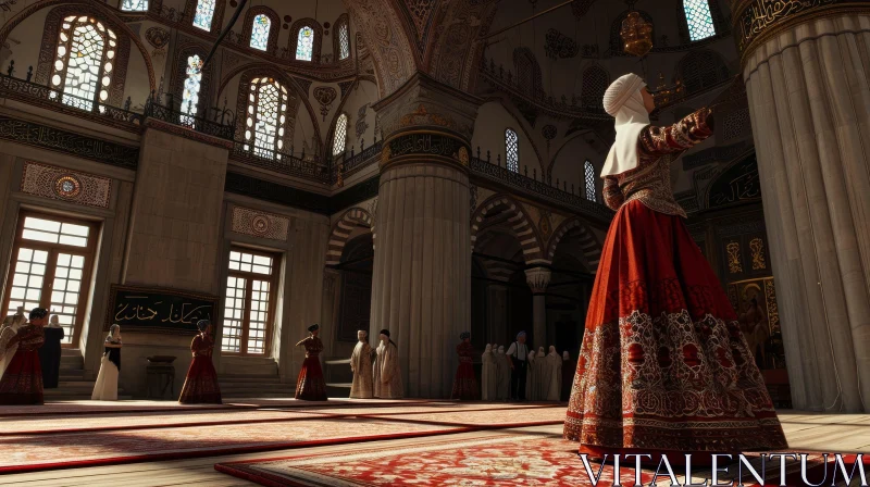 Intricate Tile Work and Traditional Attire: Exploring the Interior of a Turkish Mosque AI Image