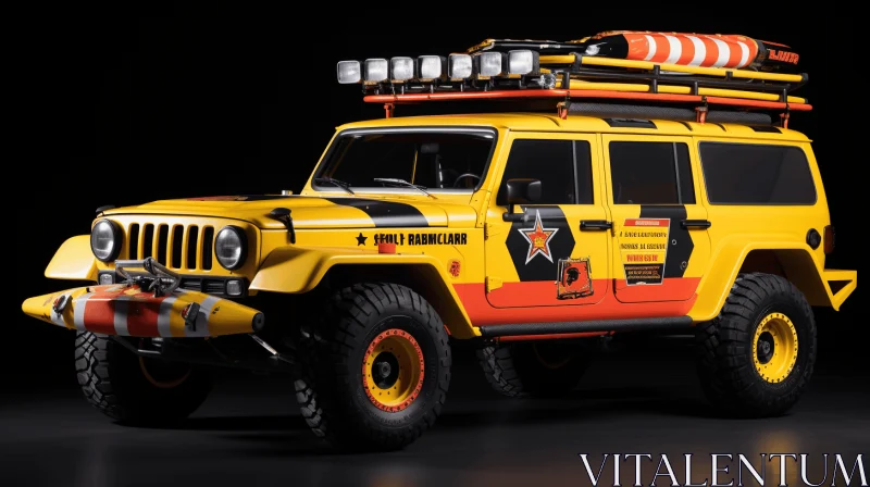 Lifelike Renderings of a Decorated Yellow Jeep with Pop Art-Inspired Designs AI Image