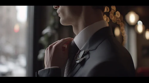 Man in Suit and Tie Adjusting His Tie in Front of Snow-Covered Window