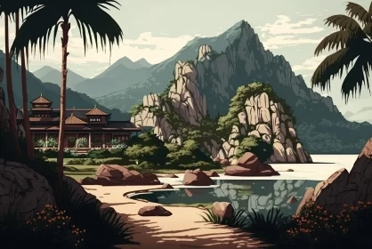 Modern Asian Scenery with Temple and Landscape Illustrations | Saturated Palette | Realistic Detail