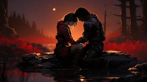 Post-apocalyptic Love: Man and Woman in Red Trees Landscape
