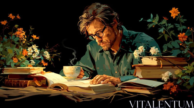 Serene Painting of a Man Reading a Book with Coffee and Flowers AI Image