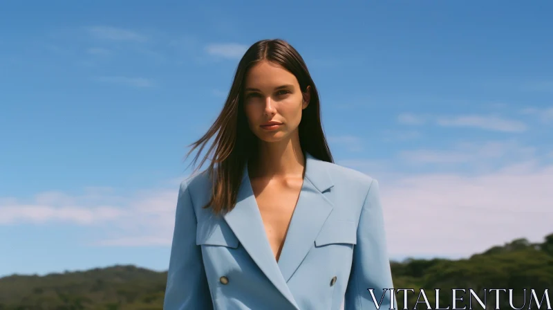 Serious Woman Portrait in Blue Suit Standing in Field AI Image