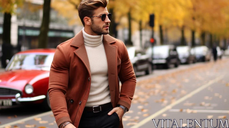 Stylish Man in Brown Coat and Sunglasses by Red Car AI Image