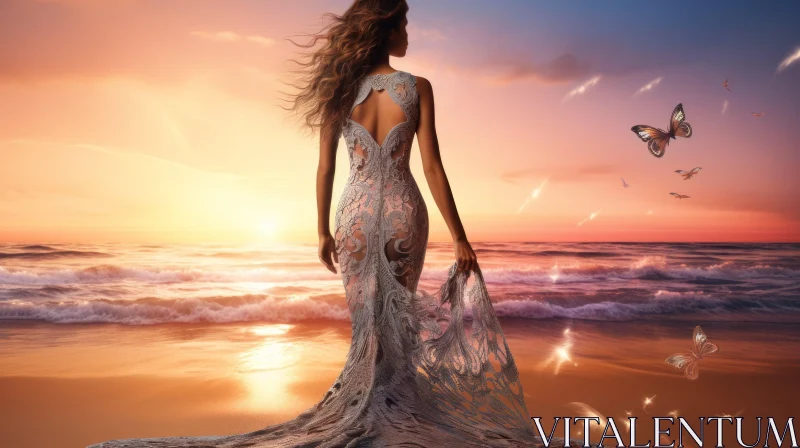 Sunset Woman Beach Silver Dress Butterflies Scene AI Image