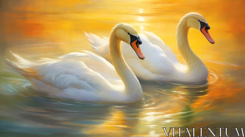 Tranquil Painting of Two White Swans on a Lake AI Image