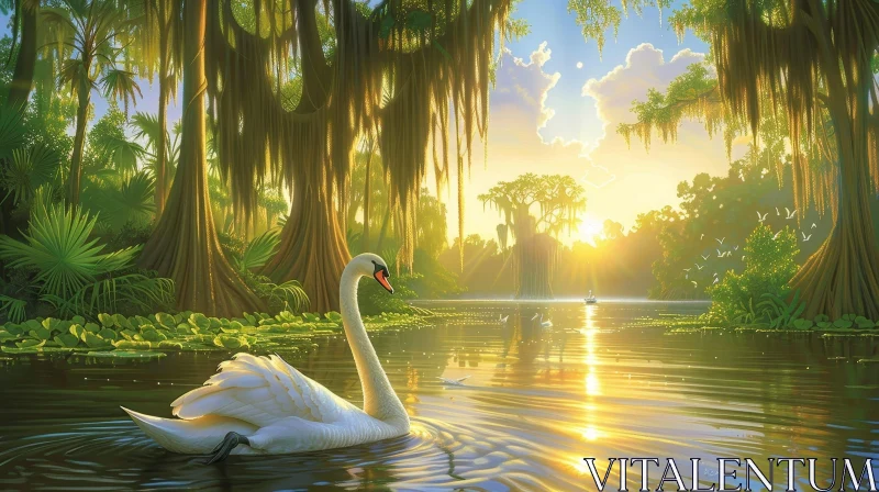 Tranquil Swan Painting at Sunset AI Image