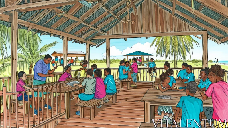Uplifting Cartoon Illustration of Children Learning in a Beach Hut AI Image