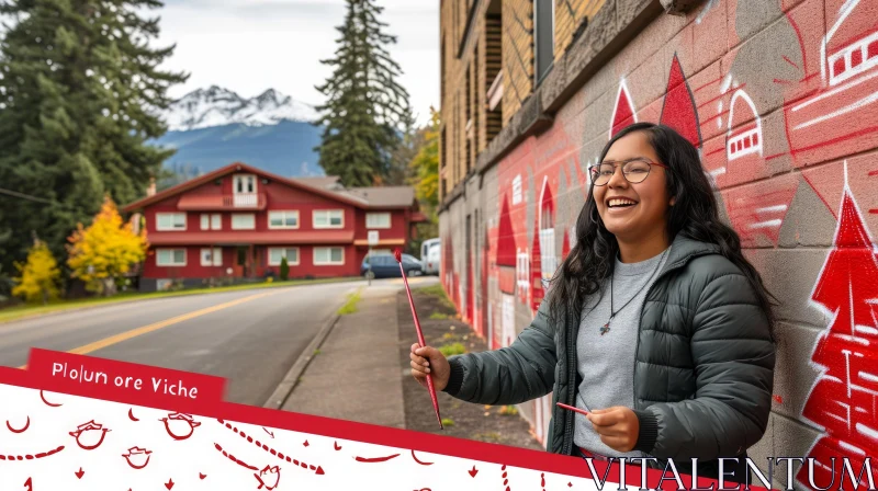 Young Woman Smiling in Front of Mural of Red Houses AI Image