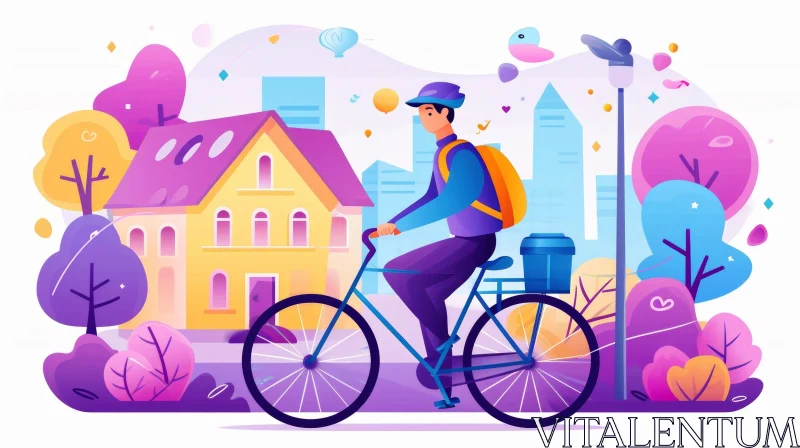 Bicycle Ride Past Yellow House with Purple Roof AI Image