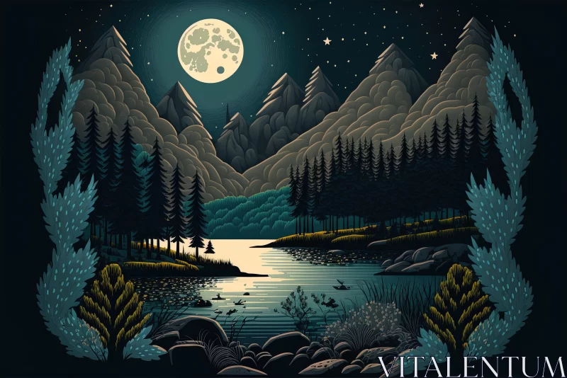 Captivating Night Scene Painting with Mountains and Trees AI Image