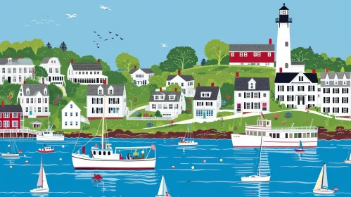 Colorful Coastal Town Illustration with Lighthouse and Charming Houses