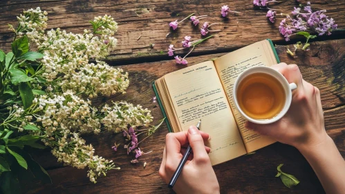 Cozy Still Life with Tea, Notebook, and Flowers