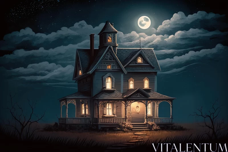 Eerie Old House at Night: Hyper-Detailed Illustration AI Image