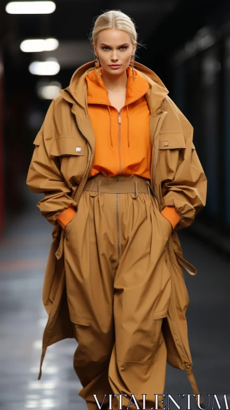 Fashion Model in Orange Hoodie and Brown Coat AI Image