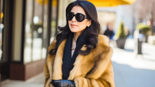 Fashionable Woman in Fur Coat and Sunglasses