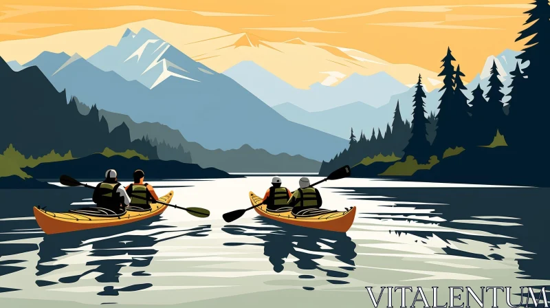 AI ART Kayaking Adventure at Sunset on a Mountain Lake