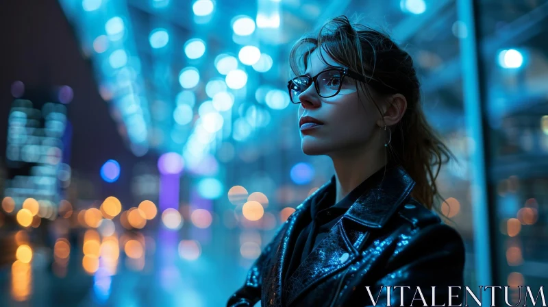 Pensive Woman in Glasses | Blue Blurred Background AI Image