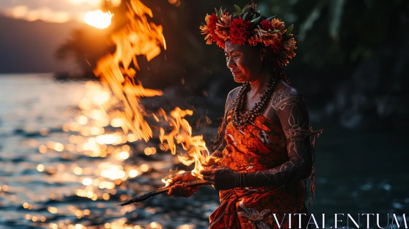 Polynesian Woman with Torch by the Water: A Captivating Image AI Image