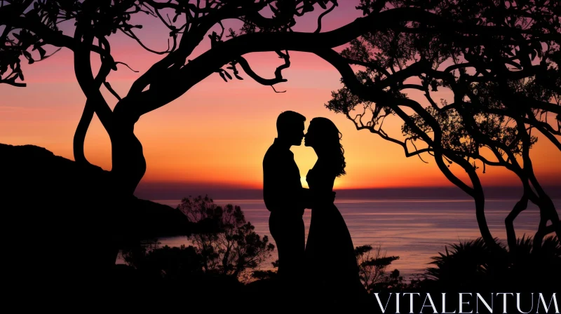 AI ART Romantic Sunset Silhouette of Couple Kissing