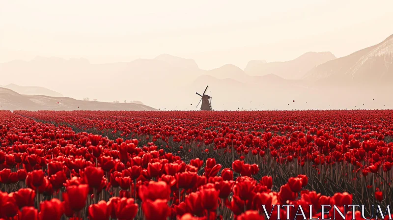 Scenic Landscape: Majestic Windmill amidst Vibrant Tulips AI Image
