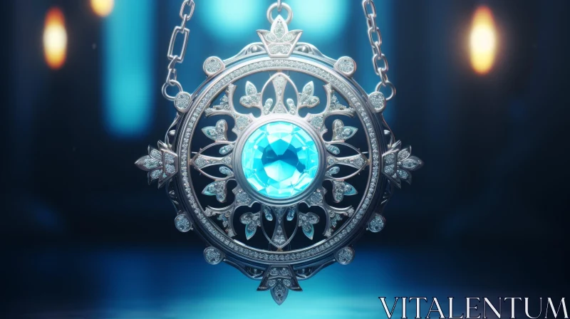 AI ART Silver Pendant with Blue Gemstone - 3D Rendering