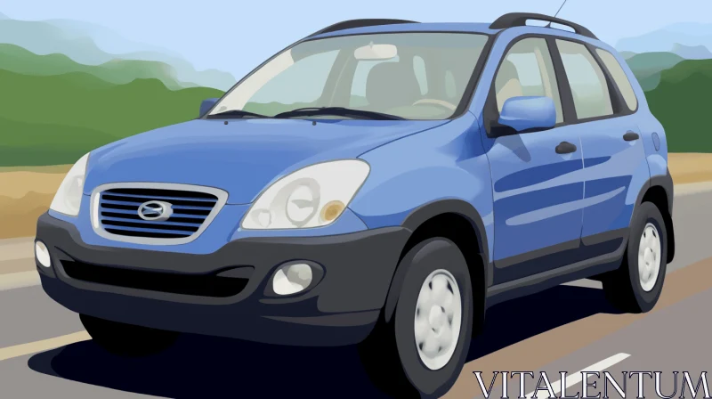 Whimsical Blue SUV Illustration on a Country Road - Animated Style AI Image