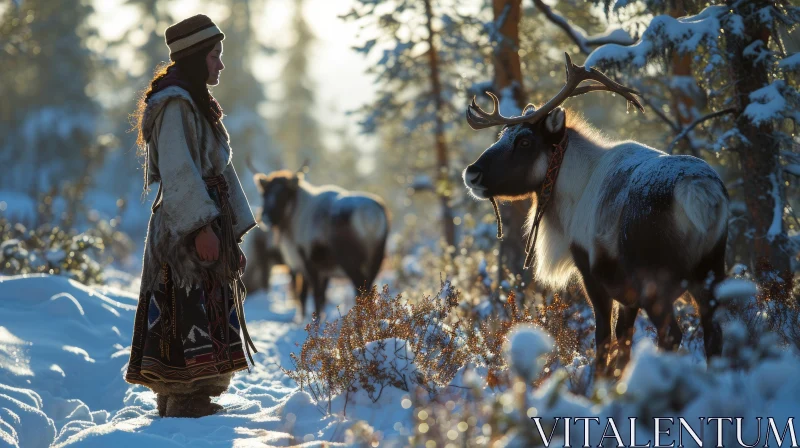 Winter Forest Scene with Woman and Reindeer AI Image